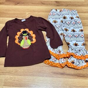 Girls Turkey Appliqué Top & Ruffle Pants Set - Brown & Orange, Toddler Size M